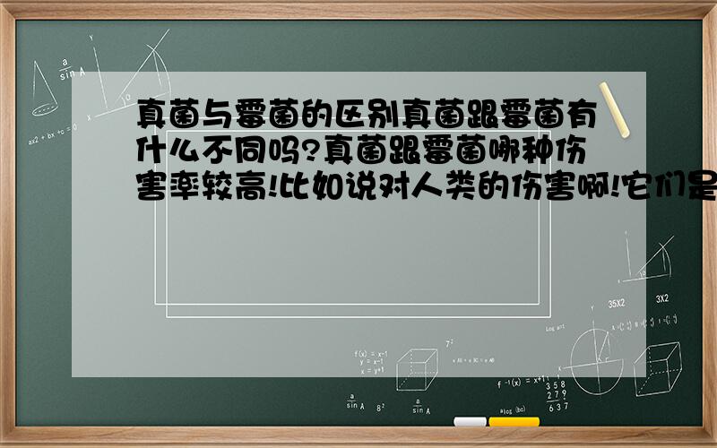 真菌与霉菌的区别真菌跟霉菌有什么不同吗?真菌跟霉菌哪种伤害率较高!比如说对人类的伤害啊!它们是主要伤害你哪些地方啦!`拜托讲讲