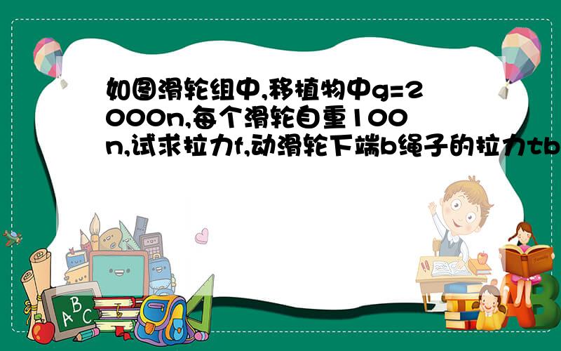 如图滑轮组中,移植物中g=2000n,每个滑轮自重100n,试求拉力f,动滑轮下端b绳子的拉力tb,定滑轮上端a绳的拉力ta的大小.