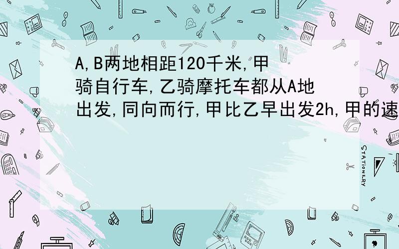 A,B两地相距120千米,甲骑自行车,乙骑摩托车都从A地出发,同向而行,甲比乙早出发2h,甲的速度为15千米/h,乙的速度为60千米/h,求:（1）甲出发多少小时后,乙会追上甲?（2）乙到达B地后立即返回,途