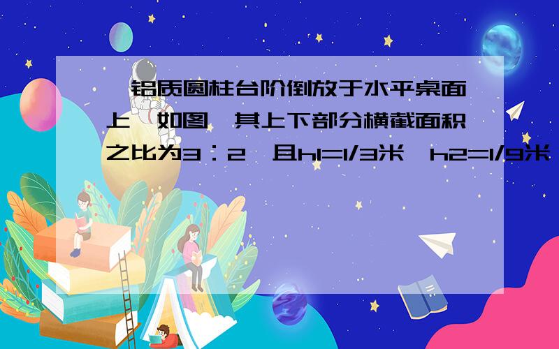 一铝质圆柱台阶倒放于水平桌面上,如图,其上下部分横截面积之比为3：2,且h1=1/3米,h2=1/9米,求其对水平桌面的压强为多少?（已知ρ铝=2.7×103千克/米3）