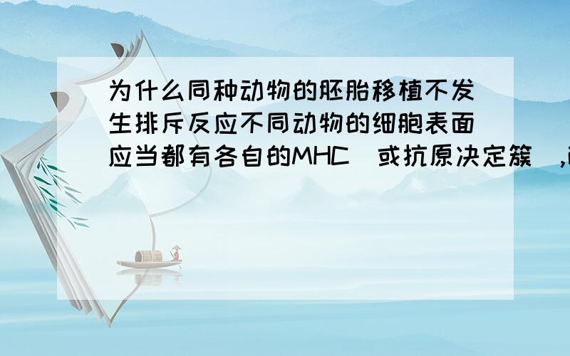 为什么同种动物的胚胎移植不发生排斥反应不同动物的细胞表面应当都有各自的MHC(或抗原决定簇),而同种动物的胚胎移植却不发生排斥反应,为什么?