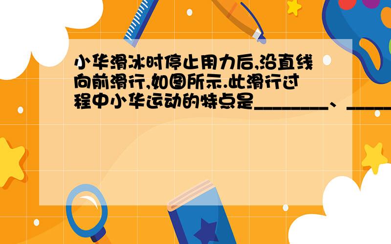 小华滑冰时停止用力后,沿直线向前滑行,如图所示.此滑行过程中小华运动的特点是________、_________.小华的运动可近似看成_______.