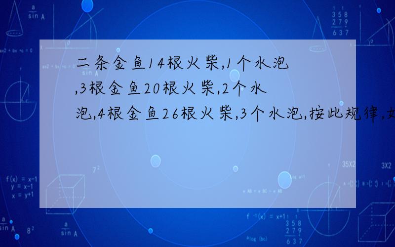 二条金鱼14根火柴,1个水泡,3根金鱼20根火柴,2个水泡,4根金鱼26根火柴,3个水泡,按此规律,如果火柴的根数是水泡个数的8倍少12,求火柴的根数