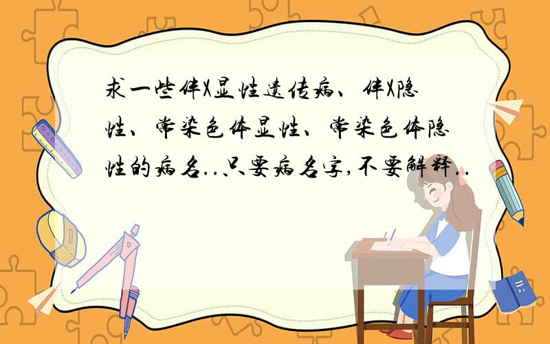 求一些伴X显性遗传病、伴X隐性、常染色体显性、常染色体隐性的病名..只要病名字,不要解释..