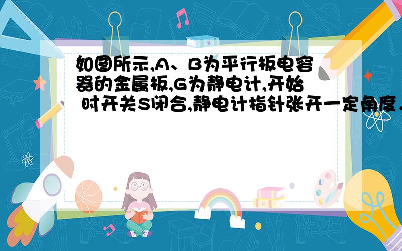 如图所示,A、B为平行板电容器的金属板,G为静电计,开始 时开关S闭合,静电计指针张开一定角度．为了使指针张开角度 增大些,应该采取的措施是 A．保持开关S闭合,将A、B两极板靠近些 B．保持