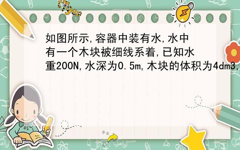 如图所示,容器中装有水,水中有一个木块被细线系着,已知水重200N,水深为0.5m,木块的体积为4dm3,木块的密度为0.6×103kg/m3,试求：（1）水对容器底面的压强是多少?（2）木块上下地面受到水的压