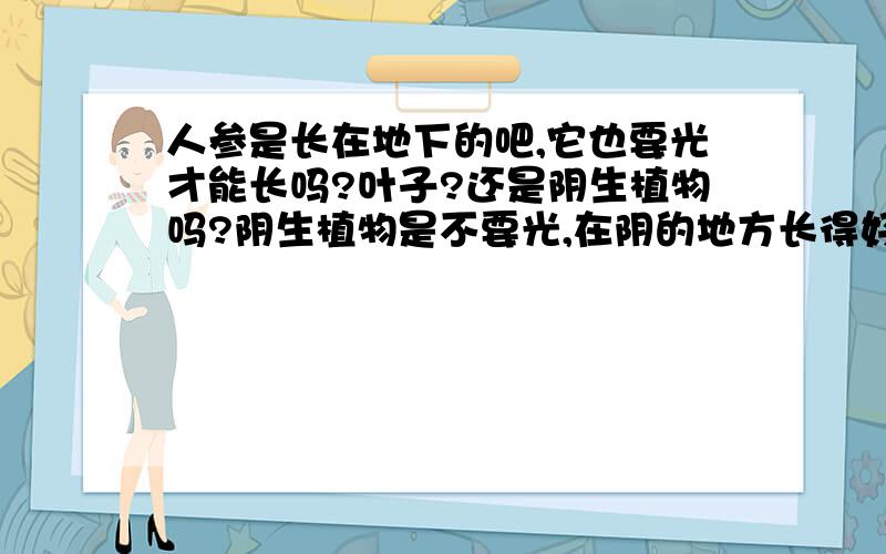 人参是长在地下的吧,它也要光才能长吗?叶子?还是阴生植物吗?阴生植物是不要光,在阴的地方长得好.