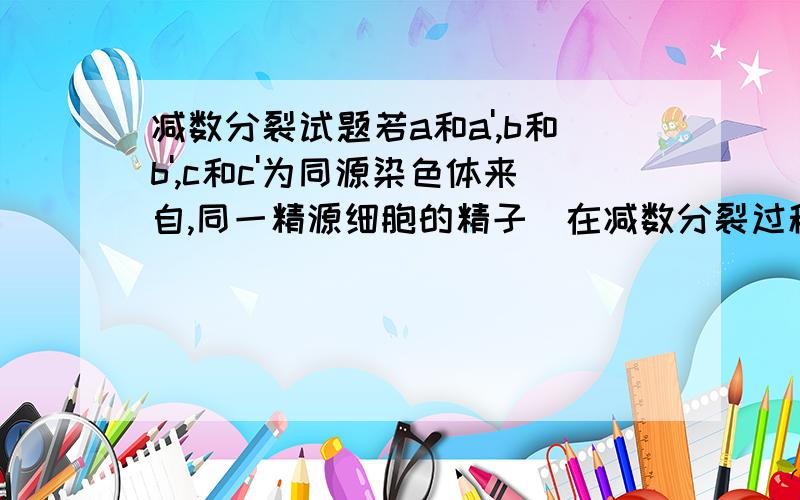 减数分裂试题若a和a',b和b',c和c'为同源染色体来自,同一精源细胞的精子(在减数分裂过程中无交叉互换)是A.ab'c、a'bc'、ab'c、a'bc'B.a'bc、ab'c、ab'c、a'b'c'C.ab'c'、a'bc、a'bc'、abc'D.abc'、ab'c、ab'c、abc