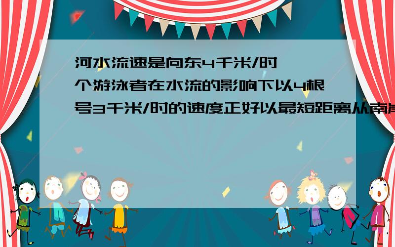 河水流速是向东4千米/时,一个游泳者在水流的影响下以4根号3千米/时的速度正好以最短距离从南岸游到北岸.求游泳者在静水中的速度及开始的方向.快