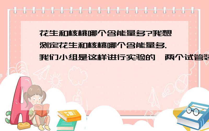 花生和核桃哪个含能量多?我想测定花生和核桃哪个含能量多.我们小组是这样进行实验的,两个试管装入同样高度的水,取一个花生仁,半个核桃仁,在酒精灯上点燃后,分别放在试管下,给水加热.