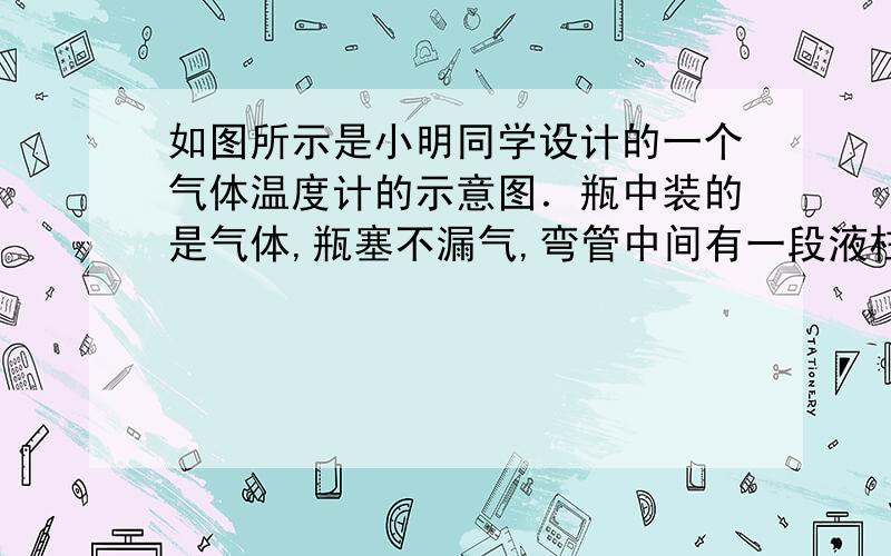 如图所示是小明同学设计的一个气体温度计的示意图．瓶中装的是气体,瓶塞不漏气,弯管中间有一段液柱．（1）这个温度计是根据气体的________来测量温度的；（2）将此装置放在室内,温度升