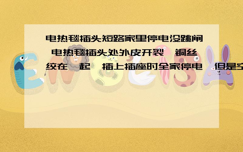 电热毯插头短路家里停电没跳闸 电热毯插头处外皮开裂,铜丝绞在一起,插上插座时全家停电,但是空开没跳电热毯插头短路家里停电没跳闸电热毯插头处外皮开裂,铜丝绞在一起,插上插座时全