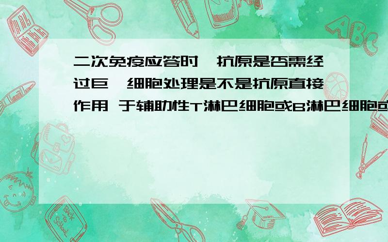 二次免疫应答时,抗原是否需经过巨噬细胞处理是不是抗原直接作用 于辅助性T淋巴细胞或B淋巴细胞或记忆B细胞