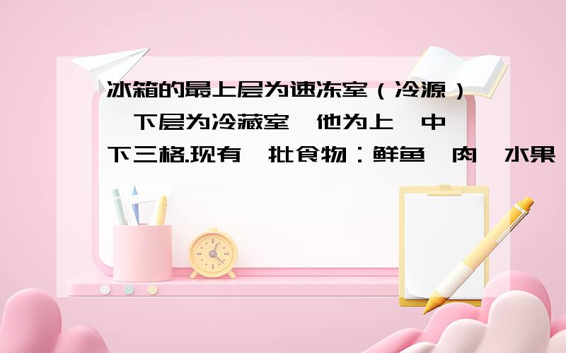 冰箱的最上层为速冻室（冷源）,下层为冷藏室,他为上、中、下三格.现有一批食物：鲜鱼、肉、水果、蔬菜,你认为怎样把这批食物放在冷藏室的上、中、下三格中储藏最为科学?为什么这样