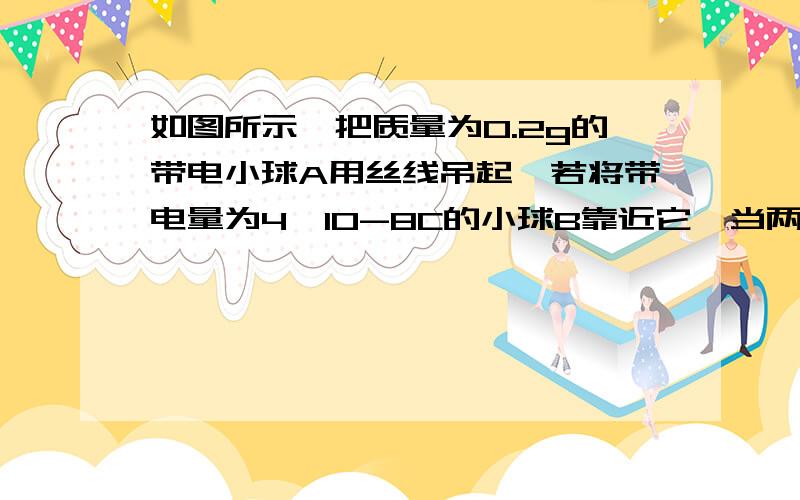 如图所示,把质量为0.2g的带电小球A用丝线吊起,若将带电量为4×10-8C的小球B靠近它,当两小球球在同一高度相距3cm 丝线与竖直夹角为45° 此时小球B受到的库仑力F= 小球A带的电量 q