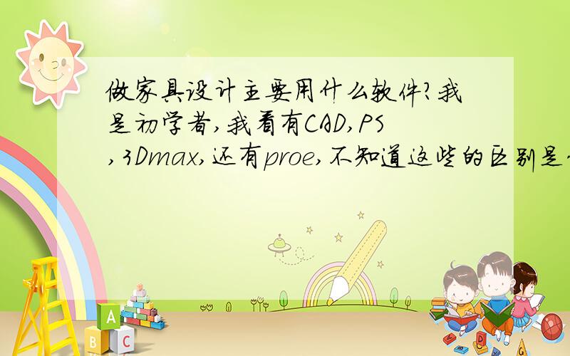 做家具设计主要用什么软件?我是初学者,我看有CAD,PS,3Dmax,还有proe,不知道这些的区别是什么.