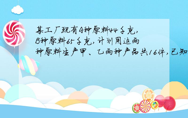 某工厂现有A种原料44千克,B种原料65千克,计划用这两种原料生产甲、乙两种产品共16件,已知生产……