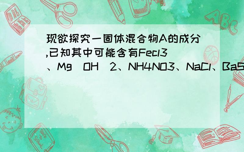 现欲探究一固体混合物A的成分,已知其中可能含有Fecl3、Mg（OH）2、NH4NO3、NaCl、BaSO4五种物质中的两种或多种．按图所示进行实验,出现的现象如图中所述（设过程中所有可能发生的反应都恰好