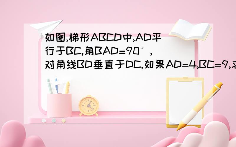 如图,梯形ABCD中,AD平行于BC,角BAD=90°,对角线BD垂直于DC.如果AD=4,BC=9,求BD的长