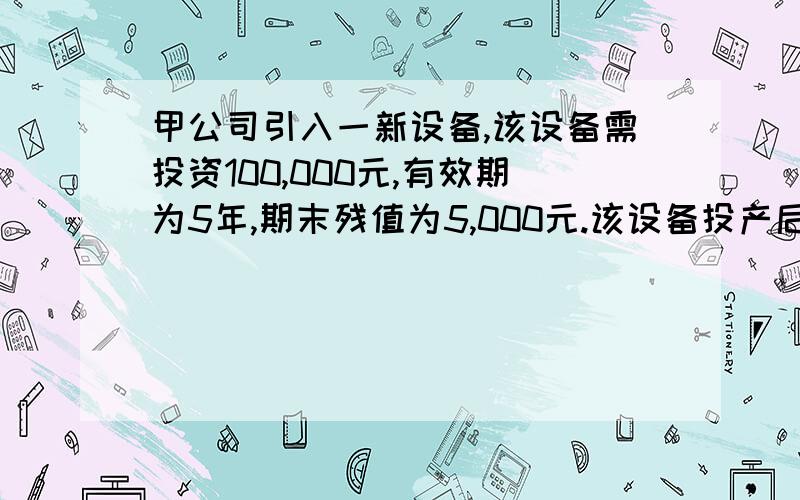 甲公司引入一新设备,该设备需投资100,000元,有效期为5年,期末残值为5,000元.该设备投产后每年产生的营业现金净流量为30,000元,该企业的资本成本率为15%.试用净现值法计算该设备投资是否可行