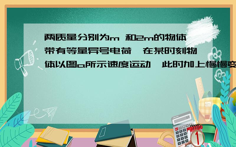 两质量分别为m 和2m的物体带有等量异号电荷,在某时刻物体以图a所示速度运动,此时加上慢慢变化的外匀强电场,在去掉电场后,质量为m的物体速度立即变成 如图b所示,问此时质量为2m的物体的