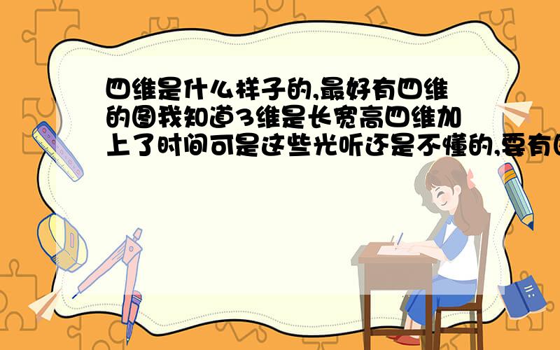 四维是什么样子的,最好有四维的图我知道3维是长宽高四维加上了时间可是这些光听还是不懂的,要有图看就象三维的图是立体的,比如正方体（经常看到的）这样才能知道3维的样子四维也要