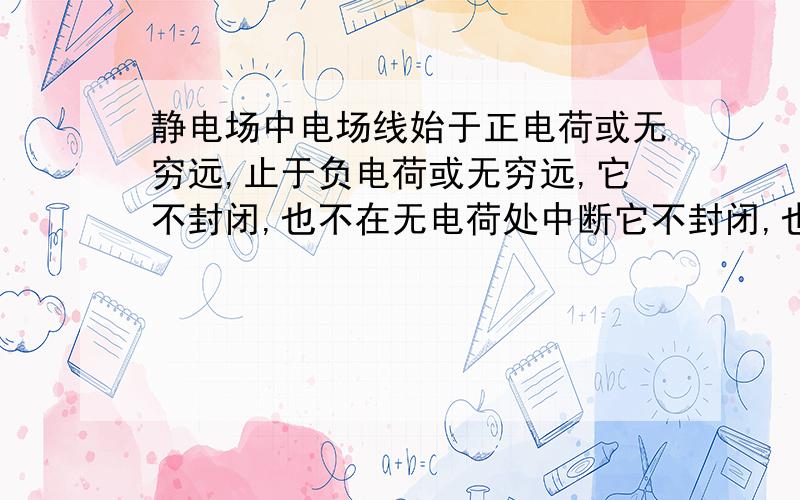 静电场中电场线始于正电荷或无穷远,止于负电荷或无穷远,它不封闭,也不在无电荷处中断它不封闭,也不在无电荷处中断什么意思