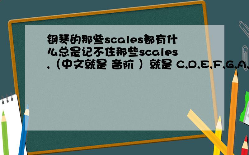 钢琴的那些scales都有什么总是记不住那些scales,（中文就是 音阶 ）就是 C,D,E,F,G,A,B,还有什么A major,B minor 的帮我列一个表吧,把每个音节该弹的键都列出来,例如：A major:A B Csharp D E Fsharp Gsharp我