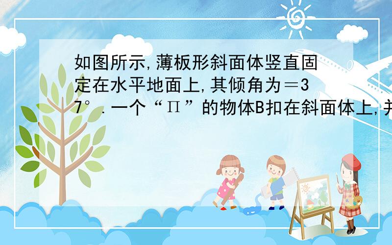 如图所示,薄板形斜面体竖直固定在水平地面上,其倾角为＝37°.一个“Π”的物体B扣在斜面体上,并可在水平面上自由滑动而不会倾斜,B的质量为M＝2kg.一根质量为m＝1kg的光滑细圆柱体A搁在B的