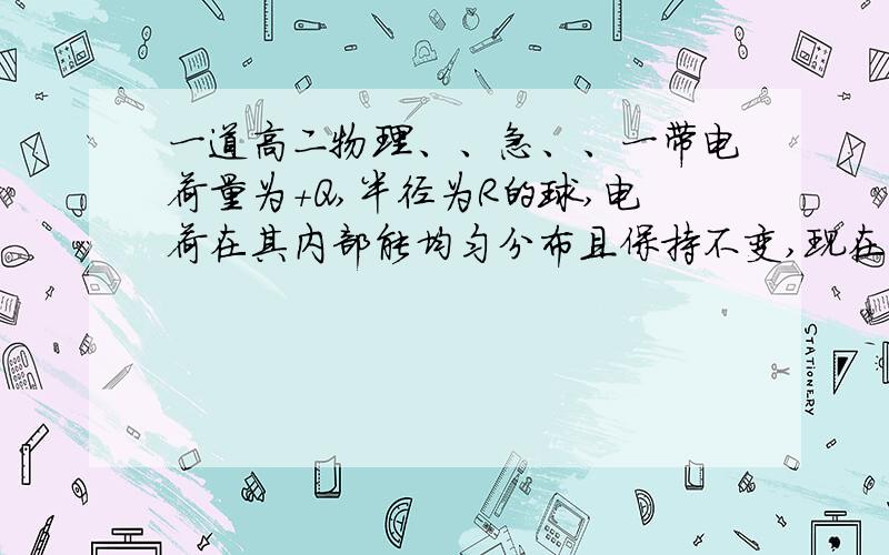 一道高二物理、、急、、一带电荷量为+Q,半径为R的球,电荷在其内部能均匀分布且保持不变,现在其内部挖去一半径为R/2的小球后,求剩余部分对放在两球心连线上一点P处电荷量为+q的电荷的静