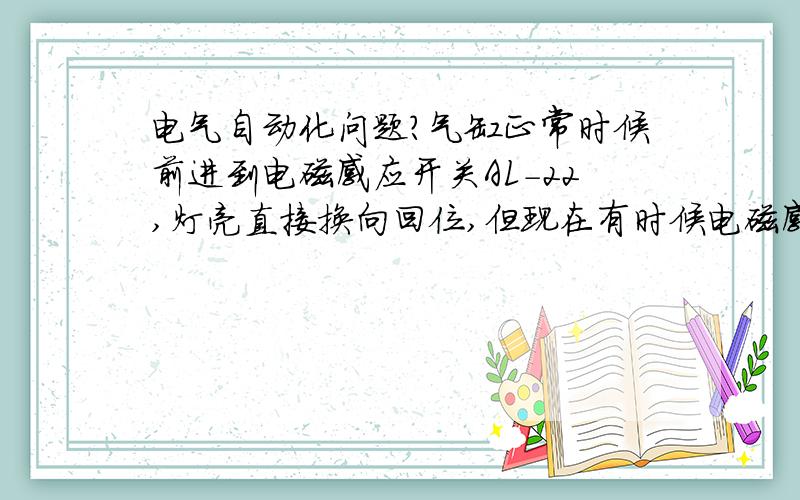 电气自动化问题?气缸正常时候前进到电磁感应开关AL-22,灯亮直接换向回位,但现在有时候电磁感应开关灯亮好一会才会换向,偶尔还正常,这是什么原因?