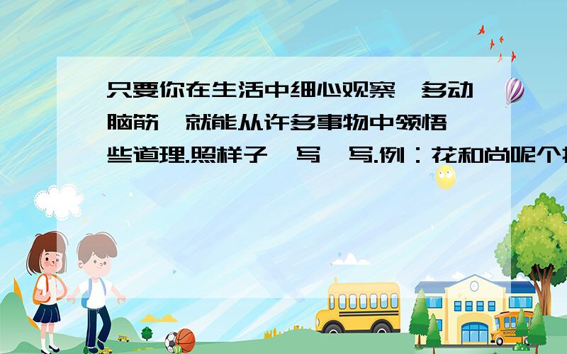 只要你在生活中细心观察、多动脑筋,就能从许多事物中领悟一些道理.照样子,写一写.例：花和尚呢个把过失埋在地里,我们悟出不图虚名、默默奉献的道理.蜡烛燃烧自己,照亮别人,我们悟出