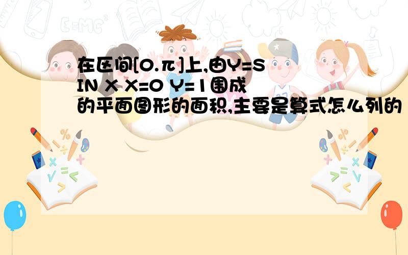 在区间[0.π]上,由Y=SIN X X=0 Y=1围成的平面图形的面积,主要是算式怎么列的