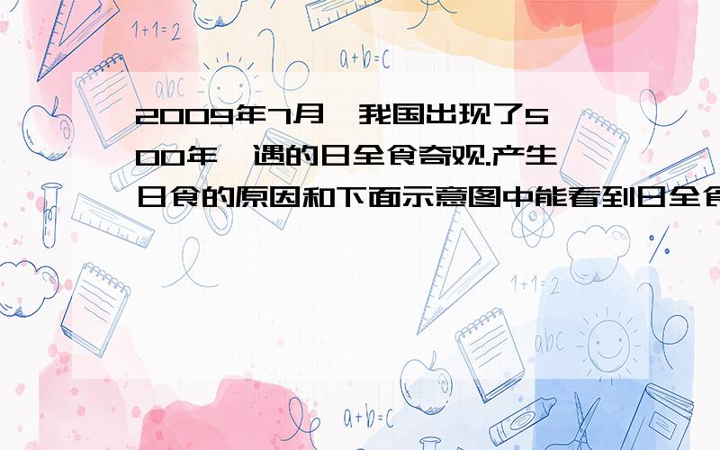 2009年7月,我国出现了500年一遇的日全食奇观.产生日食的原因和下面示意图中能看到日全食的区域分别是（ ）A．光的反射；a区B．光的折射；b区C．光的直线传播；a区D．光的直线传播；b区（