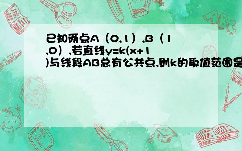 已知两点A（0,1）,B（1,0）,若直线y=k(x+1)与线段AB总有公共点,则k的取值范围是（请具体步骤很详细）