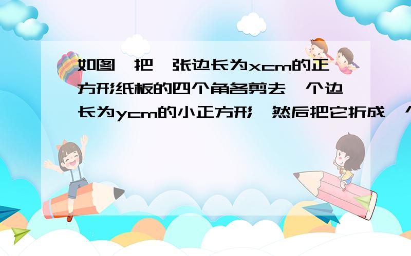 如图,把一张边长为xcm的正方形纸板的四个角各剪去一个边长为ycm的小正方形,然后把它折成一个无盖纸盒.求纸盒的四个侧面的面积之和,(结果用关于x、y的代数式表示）