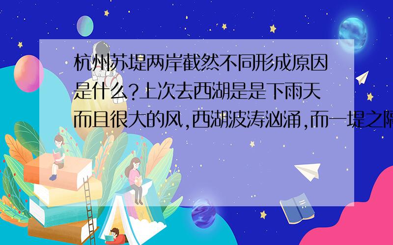 杭州苏堤两岸截然不同形成原因是什么?上次去西湖是是下雨天而且很大的风,西湖波涛汹涌,而一堤之隔的另一半湖却波澜不惊,这是为什么呢?