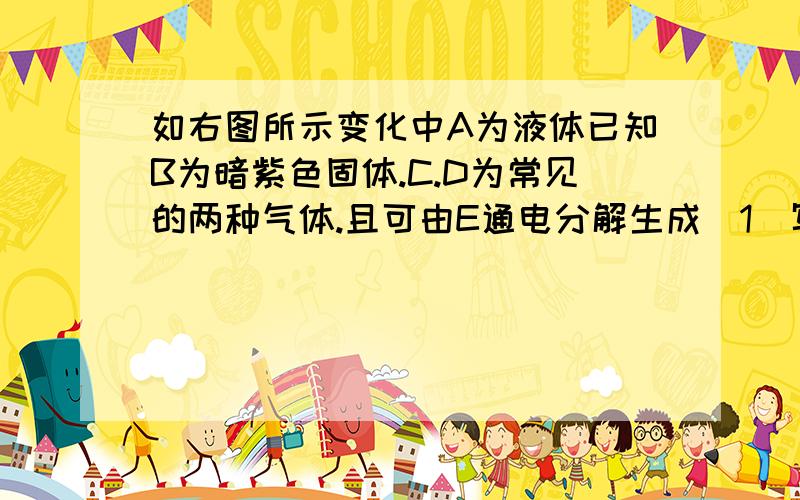 如右图所示变化中A为液体已知B为暗紫色固体.C.D为常见的两种气体.且可由E通电分解生成（1）写出ABCDE的化学式 .（2）A→C：_____ B→C：_____  E→C+D_____