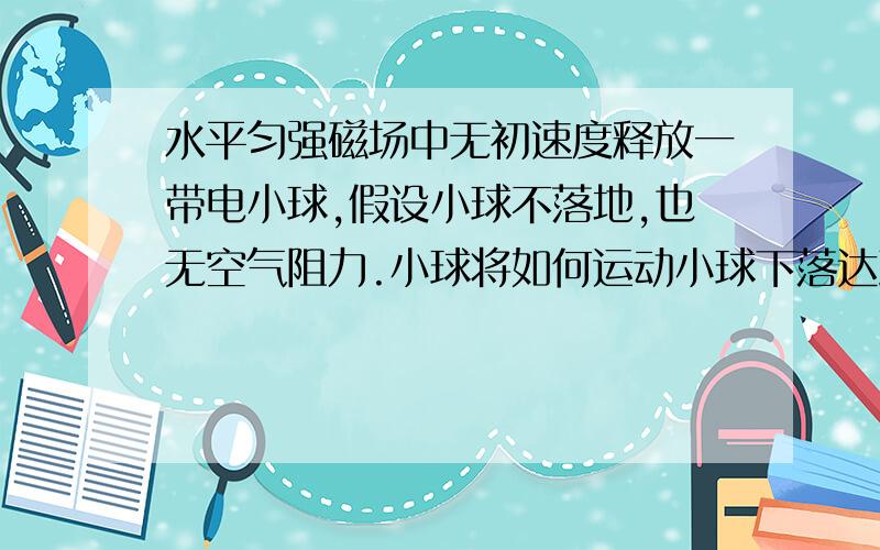 水平匀强磁场中无初速度释放一带电小球,假设小球不落地,也无空气阻力.小球将如何运动小球下落达到一定速度时,会怎样?做一下受力分析小球的运动路径应该逐渐变得水平，再在某一近似