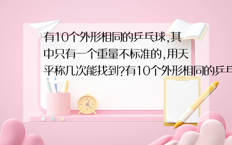 有10个外形相同的乒乓球,其中只有一个重量不标准的,用天平称几次能找到?有10个外形相同的乒乓球,其中只有一个重量不标准的,用天平至少称()次能保证找出次品.注：不确定次品是比其他的