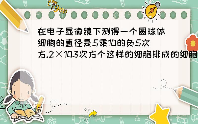 在电子显微镜下测得一个圆球体细胞的直径是5乘10的负5次方.2×103次方个这样的细胞排成的细胞链的长是