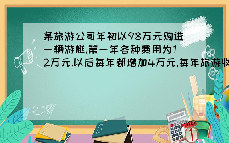 某旅游公司年初以98万元购进一辆游艇,第一年各种费用为12万元,以后每年都增加4万元,每年旅游收益50万元.1.问第几年开始获利?2.若干年后,有两种处理方案：（1）年平均获利最大时,以26万元