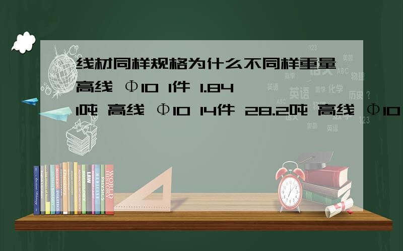 线材同样规格为什么不同样重量高线 Φ10 1件 1.841吨 高线 Φ10 14件 28.2吨 高线 Φ10 6件 12.092吨 高线 Φ10 13件 25.98吨 同样规格 但是吨除以件数却得出不一样的结果这是怎么回事呀?那为什么同样