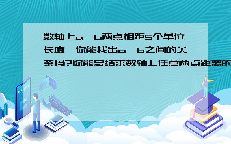 数轴上a、b两点相距5个单位长度,你能找出a、b之间的关系吗?你能总结求数轴上任意两点距离的方法吗?