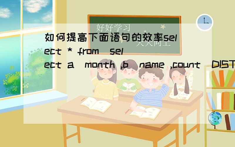 如何提高下面语句的效率select * from(select a_month ,b_name ,count(DISTINCT a.c_no) ,dense_rank() over (partition by a_month order by COUNT( DISTINCT a.c_no) desc) rank fromsut_s aleft join cou_c bon a.ll=b.ll where a_month>='10'group by b_