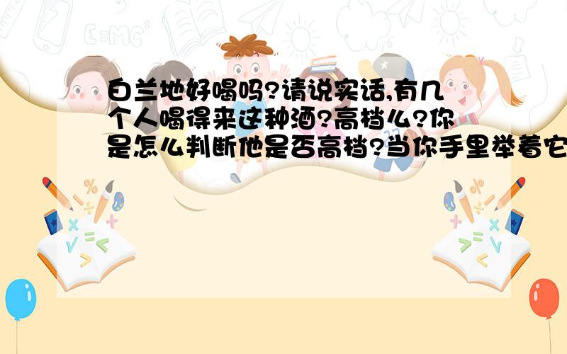 白兰地好喝吗?请说实话,有几个人喝得来这种酒?高档么?你是怎么判断他是否高档?当你手里举着它.喝下去后的感觉 在你心里是什么滋味.你真的懂它吗?