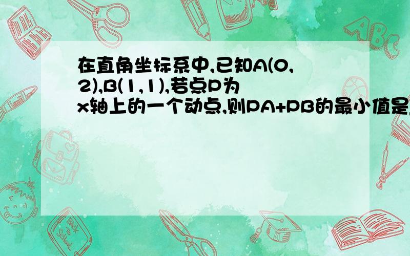 在直角坐标系中,已知A(0,2),B(1,1),若点P为x轴上的一个动点,则PA+PB的最小值是_____