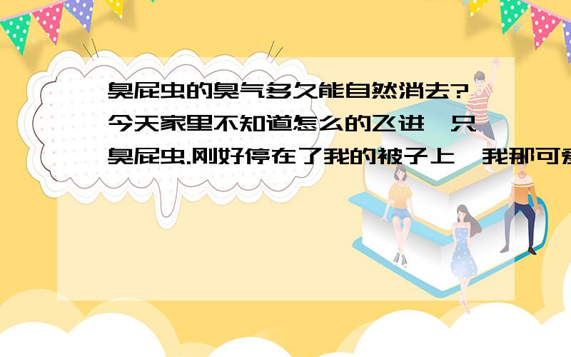 臭屁虫的臭气多久能自然消去?今天家里不知道怎么的飞进一只臭屁虫.刚好停在了我的被子上,我那可爱的妹妹也不管什么,拿起纸板就把它拍死了.结果,虫子死了,却留了难闻至极的臭气!请问,