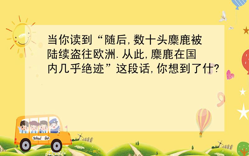 当你读到“随后,数十头麋鹿被陆续盗往欧洲.从此,麋鹿在国内几乎绝迹”这段话,你想到了什?