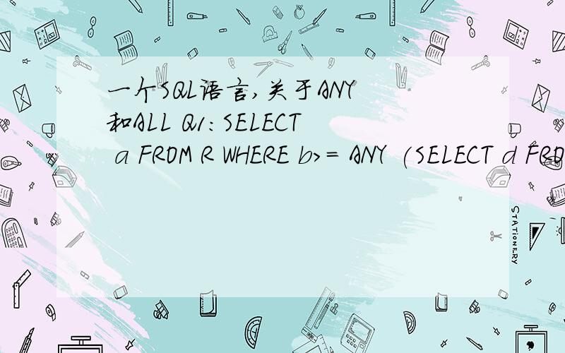 一个SQL语言,关于ANY 和ALL Q1:SELECT a FROM R WHERE b>= ANY (SELECT d FROM S WHERE c>10);Q2:SELECT a FROM R WHERE b>= ALL(SELECT d FROM S WHERE c>10);(A) Q1和Q2产生的结果一样; (B) Q1的结果总是包含Q2的结果;(C) Q2的结果总是